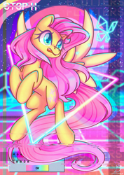 Size: 2480x3508 | Tagged: safe, artist:musicfirewind, imported from derpibooru, fluttershy, pegasus, pony, distortion, female, high res, mare, open mouth, retrowave, solo, spread wings, synthwave, vaporwave, wings