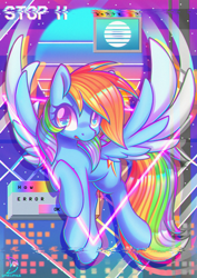 Size: 2480x3508 | Tagged: safe, artist:musicfirewind, imported from derpibooru, rainbow dash, pegasus, pony, absurd file size, colored wings, distortion, female, high res, looking at you, mare, open mouth, solo, spread wings, vaporwave, wings