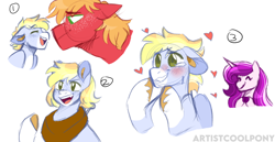 Size: 2328x1200 | Tagged: safe, artist:artistcoolpony, imported from derpibooru, big macintosh, oc, oc:thunder clap, unnamed oc, earth pony, pegasus, pony, unicorn, blushing, bust, father and child, father and son, floating heart, floppy ears, freckles, heart, horse collar, magical lesbian spawn, male, offspring, parent:big macintosh, parent:fleur-de-lis, parent:princess cadance, parent:rainbow dash, parents:fleurdance, parents:rainbowmac, simple background, teary eyes, trans male, transgender, white background