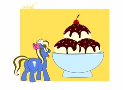 Size: 4096x3004 | Tagged: safe, artist:doublef-returns, imported from derpibooru, part of a set, oc, oc:sundae shake, earth pony, pony, butt, chubby, food, ice cream, open mouth, plot, simple background, solo, starry eyes, this will end in weight gain, tongue out, wingding eyes