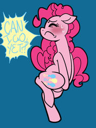 Size: 1500x2000 | Tagged: safe, artist:vodkamewtwoni, imported from derpibooru, pinkie pie, earth pony, pony, bladder bulge, blushing, desperation, dialogue, female, fetish, need to pee, omorashi, one leg raised, potty dance, potty emergency, potty time, simple background, solo, speech bubble, sweat, text