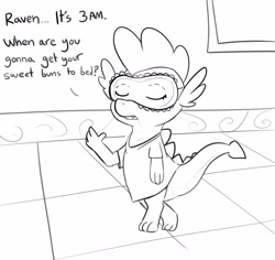 Size: 4096x3861 | Tagged: safe, artist:tjpones, imported from derpibooru, spike, dragon, black and white, commission, dialogue, grayscale, implied raven, implied ravenspike, implied shipping, implied straight, male, monochrome, nightshirt, sleep mask, solo