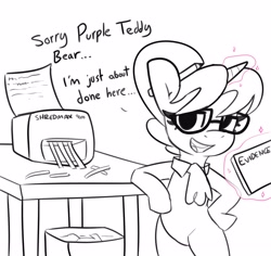 Size: 4096x3861 | Tagged: safe, artist:tjpones, imported from derpibooru, raven, pony, unicorn, bipedal, black and white, commission, dialogue, female, grayscale, implied ravenspike, implied shipping, implied spike, implied straight, levitation, magic, mare, monochrome, office lady, paper shredder, partial color, pencil behind ear, simple background, solo, suspicious, telekinesis, white background