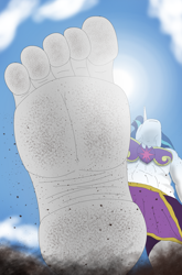 Size: 2250x3418 | Tagged: safe, artist:az12lol, imported from derpibooru, shining armor, anthro, plantigrade anthro, unicorn, barefoot, big feet, crush fetish, crushed, crushing, dirt, dirty, dirty feet, feet, fetish, foot fetish, foot focus, god, low angle, macro, macro/micro, male, male feet, soles, solo