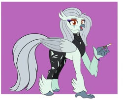 Size: 1249x1021 | Tagged: safe, alternate version, artist:cosmonaut, imported from derpibooru, classical hippogriff, hippogriff, cigarette, clothes, colored, crossover, fang (goodbye volcano high), female, flat colors, goodbye volcano high, hippogriffied, jewelry, looking at you, necklace, solo, species swap, torn clothes