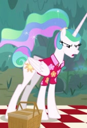 Size: 375x553 | Tagged: safe, imported from derpibooru, screencap, princess celestia, alicorn, pony, between dark and dawn, alternate hairstyle, angry, celestia is not amused, clothes, folded wings, hawaiian shirt, picnic, picnic blanket, ponytail, shirt, tail, tail bun, unamused, wings