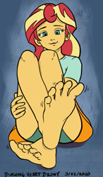 Size: 543x928 | Tagged: safe, artist:burning-heart-brony, edit, imported from derpibooru, sunset shimmer, human, equestria girls, 2020, ask, barefoot, cropped, feet, female, fetish, foot fetish, foot focus, solo, wiggling toes