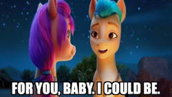 Size: 800x450 | Tagged: safe, edit, edited screencap, editor:mlplover94, imported from derpibooru, screencap, hitch trailblazer, sunny starscout, earth pony, pony, spoiler:my little pony: a new generation, caption, female, g5, image macro, looking at each other, looking at someone, male, mare, meme, my little pony: a new generation, open mouth, out of context, smiling, stallion, text, wrong aspect ratio