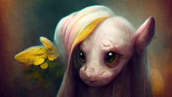 Size: 2048x1152 | Tagged: safe, imported from derpibooru, fluttershy, pegasus, pony, ai content, ai generated, concerned, deformed, generator:midjourney, machine learning abomination, nightmare fuel, solo, teary eyes