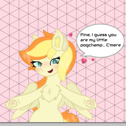 Size: 1080x1080 | Tagged: safe, artist:sodapop sprays, imported from derpibooru, oc, oc:sodapop sprays, pegasus, pony, blushing, chest fluff, digital art, female, food, glowing, glowing eyes, gray, green, happy, heart, looking at you, mare, meme, missing cutie mark, my little pogchamp, nose blush, orange, peach, pink, pogchamp, solo, speech bubble, talking, talking to viewer, text, underhoof, yellow