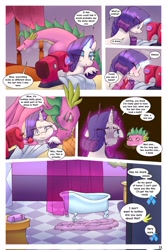 Size: 1366x2048 | Tagged: safe, artist:doorpapu, imported from derpibooru, rarity, spike, dragon, pony, unicorn, comic:warm embrace, bathtub, comedy, comic, dialogue, female, male, older, older spike, sewing machine, shipping, smell, sparity, straight, sweat, sweatdrop