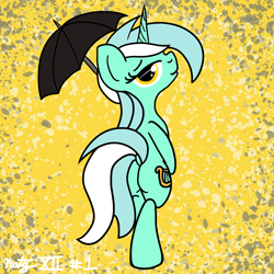 Size: 2000x2000 | Tagged: safe, artist:dafiltafish, imported from derpibooru, lyra heartstrings, pony, unicorn, abstract background, atg 2022, bipedal, butt, looking at you, looking back, looking back at you, newbie artist training grounds, plot, solo, standing, umbrella