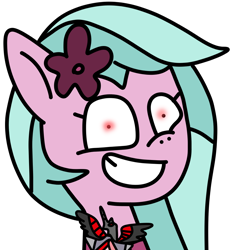 Size: 930x1000 | Tagged: safe, artist:jadeharmony, imported from derpibooru, earth pony, pony, alicorn amulet, dahlia, female, g5, gift art, glowing, glowing eyes, grin, mare, red eyes, simple background, smiling, solo, transparent background