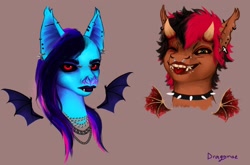 Size: 1338x881 | Tagged: safe, artist:dragonae, imported from derpibooru, oc, oc:otabat, bat pony, demon, demon pony, bat ears, bat wings, black sclera, bust, devil horns, fangs, horns, piercing, ponysona, red eyes, two toned mane, wings