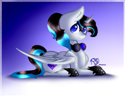 Size: 554x428 | Tagged: safe, artist:prettyshinegp, imported from derpibooru, oc, oc only, alicorn, pony, abstract background, alicorn oc, eye clipping through hair, headphones, hoof shoes, horn, lying down, prone, signature, solo, wings