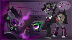 Size: 1920x1092 | Tagged: safe, artist:tohanah, imported from derpibooru, oc, oc only, pony, bust, choker, clothes, ear fluff, ear piercing, face mask, glowing, glowing horn, horn, magic, male, mask, piercing, raised hoof, reference sheet, smiling, spiked choker, stallion, telekinesis