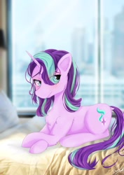 Size: 2480x3508 | Tagged: safe, artist:dashy21, imported from derpibooru, starlight glimmer, pony, bed, blushing, chest fluff, ear fluff, solo, window