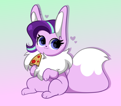 Size: 3175x2782 | Tagged: safe, artist:kittyrosie, imported from derpibooru, part of a set, starlight glimmer, eevee, cute, floating heart, fluffy, food, glimmerbetes, gradient background, heart, pineapple pizza, pizza, pokefied, pokémon, solo, species swap, sweet dreams fuel