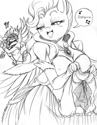 Size: 1500x1930 | Tagged: safe, artist:boastudio, imported from derpibooru, queen haven, zipp storm, anthro, pegasus, !!!, black and white, blushing, breasts, busty queen haven, busty zipp storm, cleavage, exclamation point, female, g5, grayscale, looking back, milf, monochrome, mother and child, mother and daughter, mothers gonna mother, open mouth, simple background, speech bubble, volumetric mouth, white background