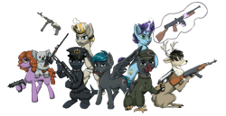 Size: 2101x1080 | Tagged: safe, alternate version, artist:monx94, imported from derpibooru, oc, oc:harmonious justice, oc:katherine, deer, earth pony, griffon, koala, original species, pegasus, pony, shark, shark pony, unicorn, ak-47, assault rifle, desert eagle, dragunov, full body, group, gun, military, mp-40, rifle, shotgun, simple background, submachinegun, tommy gun, transparent background, uzi, weapon