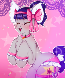 Size: 1500x1800 | Tagged: safe, artist:chura chu, imported from derpibooru, oc, oc only, oc:fruity blossom, pony, blushing, bow, bunny ears, carrot, closed eye, clothes, commission, coral, female, food, full body, garter, mare, outfit, panties, ponytail, sexy outfit, shading, smiling, solo, underwear, ych result