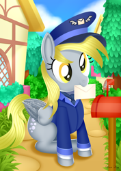 Size: 2480x3508 | Tagged: safe, artist:leonkay, imported from derpibooru, derpy hooves, pegasus, pony, bush, house, letter, mailbox, mailmare uniform, mouth hold, ponyville, solo, tree