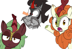 Size: 1480x996 | Tagged: safe, artist:icey, imported from derpibooru, autumn blaze, cinder glow, king sombra, summer flare, kirin, pony, umbrum, unicorn, female, lidded eyes, male, meme, open mouth, pointing, simple background, soyjak, white background, wojak