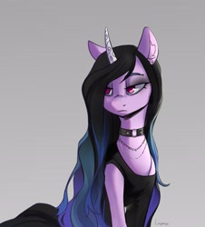 Size: 2573x2848 | Tagged: safe, artist:laymy, imported from derpibooru, izzy moonbow, pony, unicorn, choker, clothes, dress, ear fluff, eyeshadow, female, g5, goth, goth izzy, gray background, makeup, simple background, solo