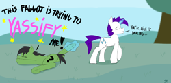 Size: 5968x2880 | Tagged: safe, artist:sefastpone, imported from derpibooru, rarity, oc, oc:anon stallion, earth pony, pony, unicorn, dialogue, digital art, elusive, faggot, magic, male, rule 63, simple background, slur, speech bubble, stallion, telekinesis, vulgar