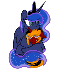 Size: 2600x3000 | Tagged: safe, artist:ponkus, imported from derpibooru, princess luna, oc, oc:red flame, alicorn, bat pony, pony, unicorn, bat pony oc, canon x oc, cute, duo, eye clipping through hair, fangs, female, glasses, high res, horn, hug, hugging a pony, looking down, mare, simple background, sitting, smiling, tooth, transparent background, unicorn oc, wings