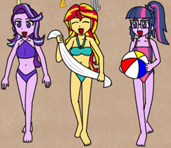 Size: 1300x1125 | Tagged: safe, artist:pheeph, imported from derpibooru, sci-twi, starlight glimmer, sunset shimmer, twilight sparkle, human, equestria girls, beach, beach ball, bikini, clothes, comic, cropped, female, one-piece swimsuit, sports, swimsuit, towel, trio, trio female, volleyball