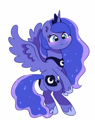 Size: 3110x4005 | Tagged: safe, artist:leo19969525, imported from derpibooru, princess luna, alicorn, pony, bipedal, blue eyes, blushing, butt, crown, cute, female, horn, jewelry, lunabetes, mane, mare, moonbutt, plot, regalia, simple background, smiling, solo, spread wings, tail, white background, wings