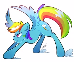 Size: 2180x1818 | Tagged: safe, artist:haichiroo, imported from derpibooru, rainbow dash, pegasus, pony, simple background, smiling, solo, spread wings, white background, wings