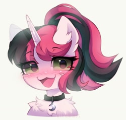 Size: 1504x1429 | Tagged: safe, artist:astralblues, imported from derpibooru, oc, oc only, pony, unicorn, :3, blushing, bust, chest fluff, collar, eye clipping through hair, happy, looking at you, open mouth, smiling