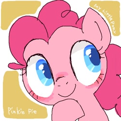 Size: 500x500 | Tagged: safe, artist:ume89s, artist:umodara89s, imported from derpibooru, pinkie pie, earth pony, pony, bust, female, looking away, mare, simple background, smiling, solo, white background