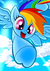 Size: 2894x4093 | Tagged: safe, artist:quasimodo1939, imported from derpibooru, rainbow dash, pegasus, pony, cloud, female, flying, mare, open mouth, sky, solo, sparkly eyes, spread wings, sun, underhoof, wingding eyes, wings