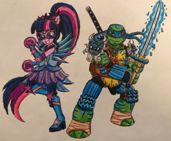 Size: 1024x843 | Tagged: safe, artist:bozzerkazooers, imported from derpibooru, sci-twi, twilight sparkle, human, equestria girls, crystal guardian, leonardo, solo, teenage mutant ninja turtles, tmnt 2012, traditional art