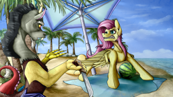 Size: 4000x2250 | Tagged: safe, artist:vendigo, imported from derpibooru, discord, fluttershy, draconequus, pegasus, pony, beach, beach towel, beach umbrella, duo, duo male and female, female, food, gritted teeth, knife, male, mare, out of character, palm tree, snarling, teeth, tree, watermelon