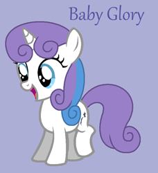 Size: 676x741 | Tagged: safe, artist:jigglewiggleinthepigglywiggle, imported from derpibooru, baby glory, pony, unicorn, baby, baby glorybetes, baby pony, blue eyes, curly hair, curly mane, curly tail, cute, female, filly, foal, full body, g1, g1 to g4, g4, generation leap, hooves, lavender background, multicolored hair, multicolored mane, open mouth, open smile, purple tail, purple text, simple background, smiling, solo, standing, tail, text