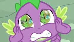 Size: 1280x720 | Tagged: safe, imported from derpibooru, screencap, princess ember, thorax, changedling, changeling, dragon, triple threat, angry, bear thorax, dragoness, eye reflection, female, gritted teeth, king thorax, male, reflection, teeth