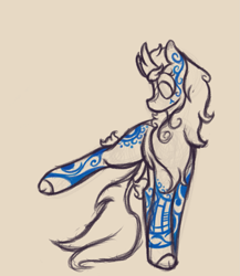 Size: 1323x1527 | Tagged: safe, artist:ahorseofcourse, imported from derpibooru, oc, oc only, oc:sister ash, kirin, beige background, bodypaint, kirin oc, looking back, partial color, raised leg, simple background, solo, tribal markings