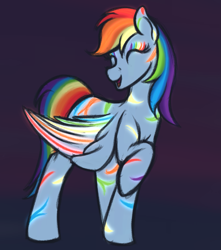 Size: 1277x1442 | Tagged: safe, artist:ahorseofcourse, imported from derpibooru, rainbow dash, pegasus, pony, blue background, bodypaint, colored wings, eyes closed, female, mare, multicolored wings, open mouth, open smile, rainbow wings, raised hoof, simple background, smiling, solo, wings