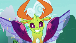 Size: 1280x720 | Tagged: safe, imported from derpibooru, screencap, thorax, changedling, changeling, season 7, triple threat, cute, king thorax, looking at you, male, smiling, solo, spread wings, thorabetes, wings