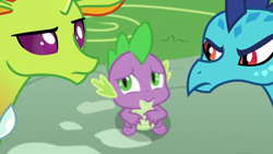 Size: 1280x720 | Tagged: safe, imported from derpibooru, screencap, princess ember, spike, thorax, changedling, changeling, dragon, season 7, triple threat, dragoness, female, king thorax, looking at you, male, trio