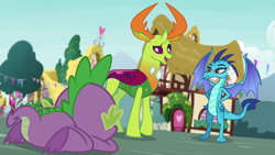 Size: 1280x720 | Tagged: safe, imported from derpibooru, screencap, princess ember, spike, thorax, changedling, changeling, dragon, season 7, triple threat, dragoness, female, forgiveness, hand on hip, king thorax, male, trio, trio female