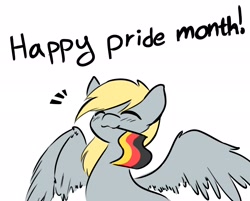 Size: 2500x2006 | Tagged: safe, artist:manicpanda, imported from derpibooru, derpy hooves, pegasus, pony, :3, blushing, cute, derpabetes, derpy being derpy, eyes closed, female, flag, german flag, germany, happy, high res, mare, mouth hold, pride month, simple background, smiling, solo, spread wings, white background, wings, you had one job, you tried