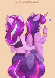 Size: 1000x1414 | Tagged: safe, artist:jyllhedgehog367, imported from derpibooru, starlight glimmer, twilight sparkle, alicorn, anthro, unicorn, arm around back, ass, back of head, butt, clothes, denim, duo, duo female, female, girlfriend, heart, jeans, lesbian, middle finger, pants, rear view, shipping, twilight sparkle (alicorn), twistarlight, vulgar