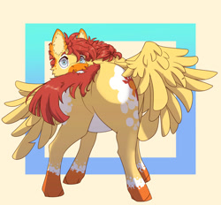 Size: 2756x2562 | Tagged: safe, artist:sunstriderart, imported from derpibooru, oc, oc only, oc:sunstrider, pegasus, pony, behaving like a dog, biting, butt, caught, featureless crotch, looking at you, plot, solo, spread wings, surprised, tail, tail bite, wide eyes, wings