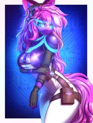 Size: 1500x2000 | Tagged: safe, artist:ask-colorsound, imported from derpibooru, oc, oc only, oc:lillybit, anthro, adorkable, arm under breasts, big breasts, bow, breasts, clothes, cosplay, costume, cute, dork, female, gaming headset, glitch techs, headphones, headset, jumpsuit, ribbon, solo