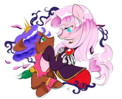 Size: 1176x953 | Tagged: safe, artist:mymguru, imported from derpibooru, earth pony, pony, clothes, duo, duo female, female, lesbian, looking at each other, looking at someone, mare, ponified, revolutionary girl utena, simple background, white background